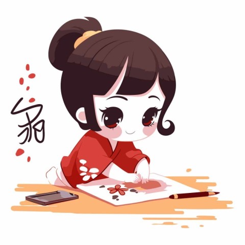 Cute little girl doing her homework in cartoon style.