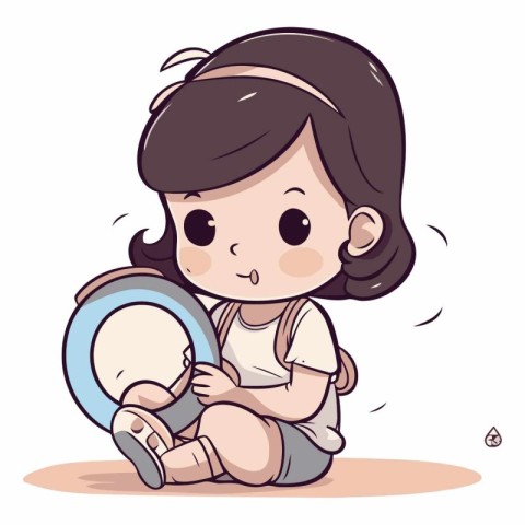 Cute little girl playing with a mirror. Vector cartoon illustrat