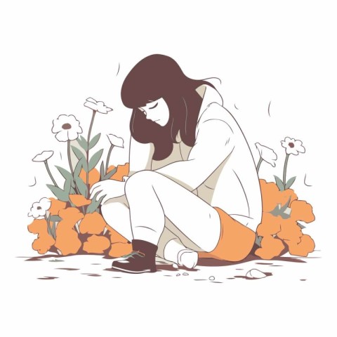 Sad girl sitting on the ground and looking at flowers.