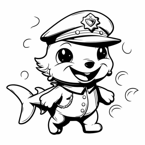 Black and White Cartoon Illustration of Cute Little Fish Captain