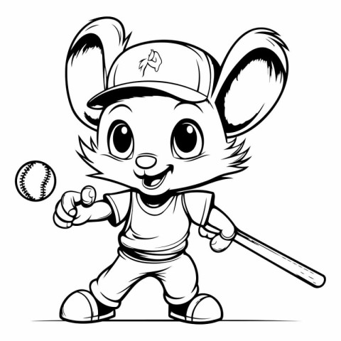 Black and White Cartoon Illustration of Mouse Baseball Player Ma