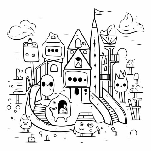 Children's drawing of a cute castle in the city