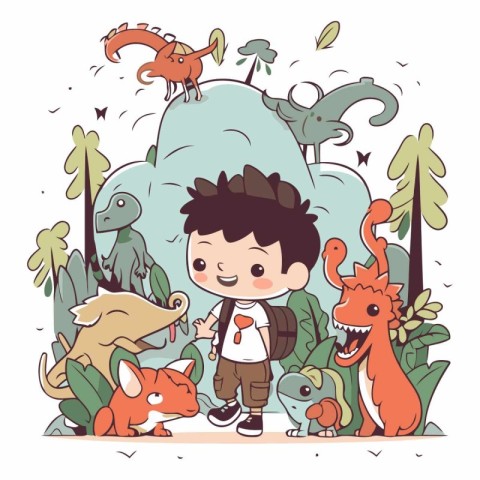 Boy with a backpack and dinosaurs in the jungle.