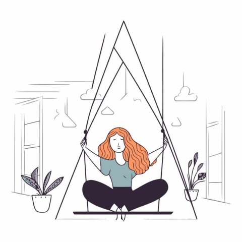 Woman practicing yoga at home in line art style.