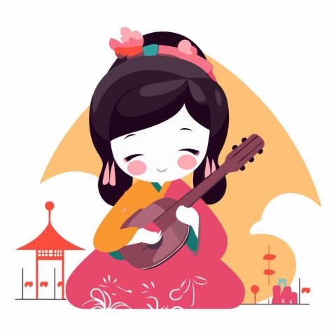 Japanese girl playing a guitar in flat cartoon style.