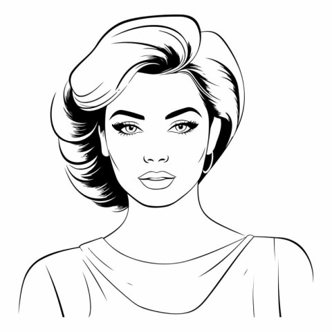 Beautiful woman with short hairstyle. Black and white vector ill