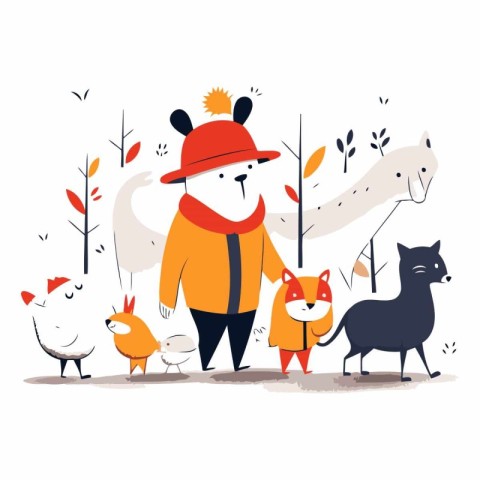 Vector illustration of a cute cartoon foxes and squirrels in aut