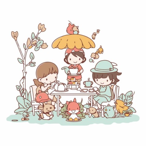 Illustration of a group of children having a tea party at home