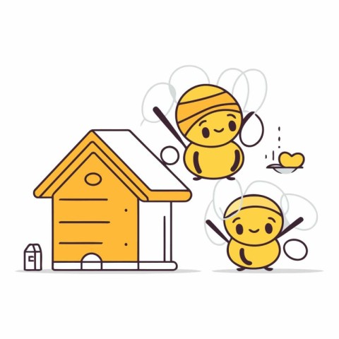 Cute cartoon bee and doghouse on white background.