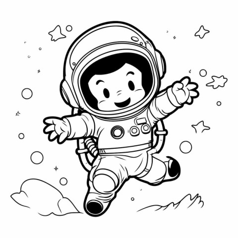 Cute cartoon astronaut in space. Black and white vector illustra