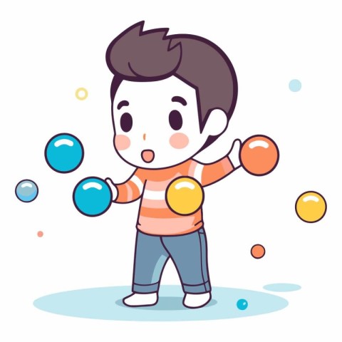 Cute boy playing with bubbles in a flat style.