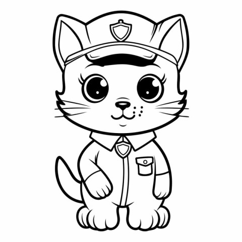 Black and White Cartoon Illustration of Cat Police Officer Chara