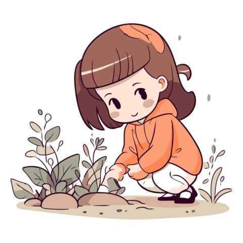 Illustration of a Cute Little Girl Planting Plants in the Garden