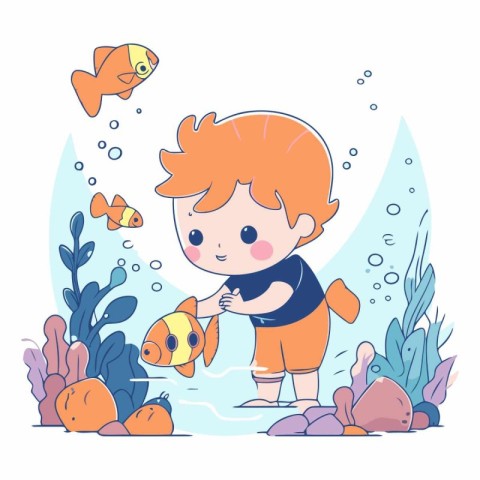 Cute little boy swimming with fishes in the sea.