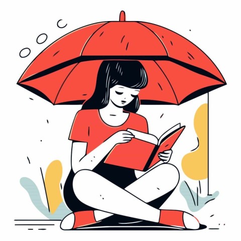 Girl sitting under umbrella and reading book in sketch style.