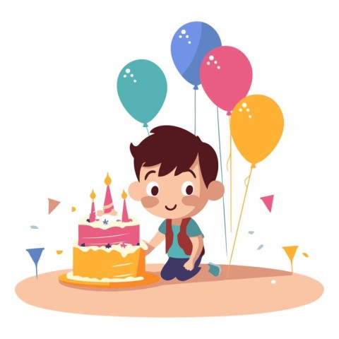 Cute cartoon boy with birthday cake and balloons.