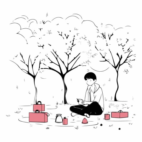 Vector illustration of a young man sitting in the park and readi