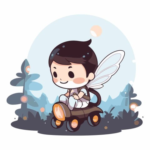 Illustration of a cute little fairy riding a motorcycle in the p