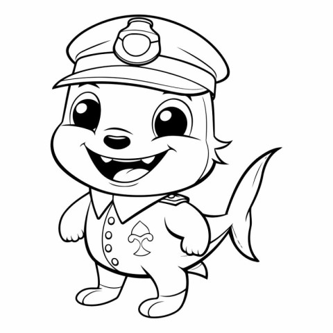 Black and White Cartoon Illustration of Cute Fish Captain Charac