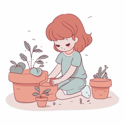 Little girl planting a houseplant in cartoon style.