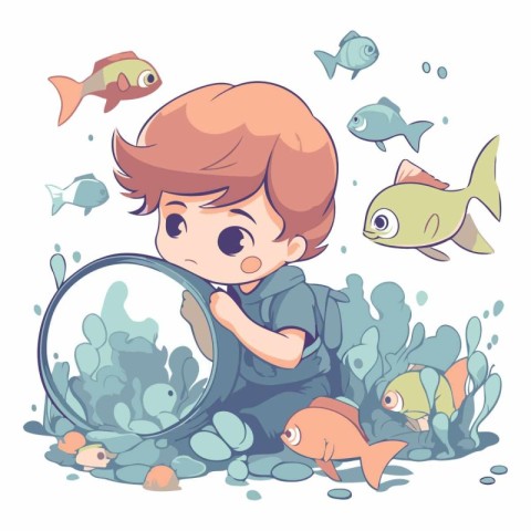 Vector illustration of a boy looking through a magnifying glass