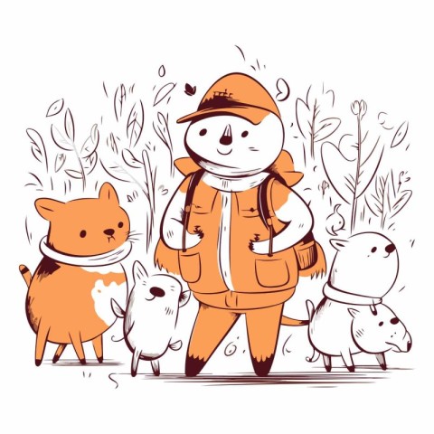 Vector illustration of a girl in a warm jacket walking with dogs