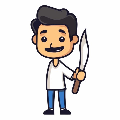 Cute cartoon chef holding a knife isolated on white background.