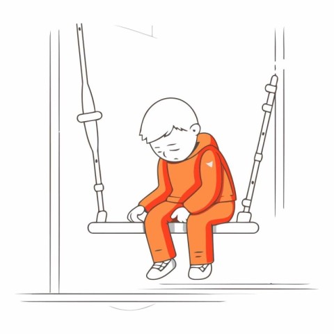 Sad little boy sitting on a swing. Sad child.