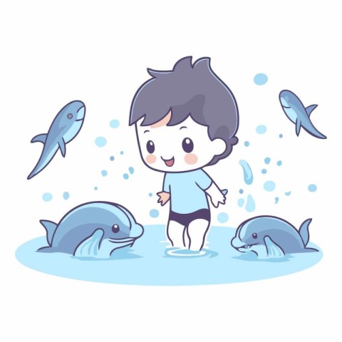 Cute little boy swimming with dolphin and fish.