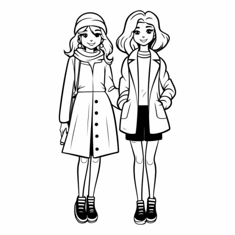 Fashion girls in winter clothes. Black and white.