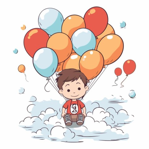 Cute little boy flying on balloons in the sky.