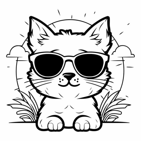 Black and White Cartoon Illustration of Cat with Sunglasses for