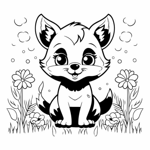 Cute cartoon fox sitting in the grass. Black and white vector il