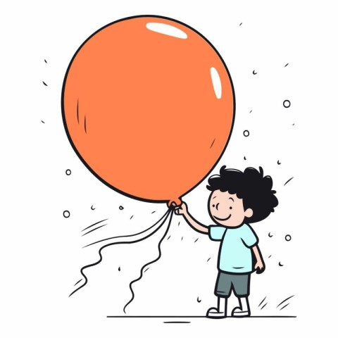 Cute little boy holding big balloon. Vector hand drawn illustrat