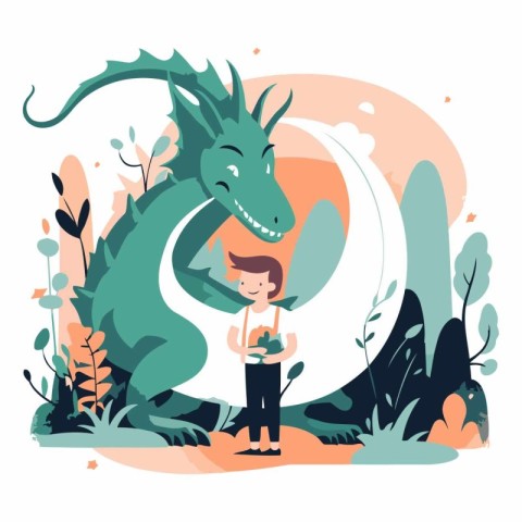 Cute boy with a dragon in flat style.