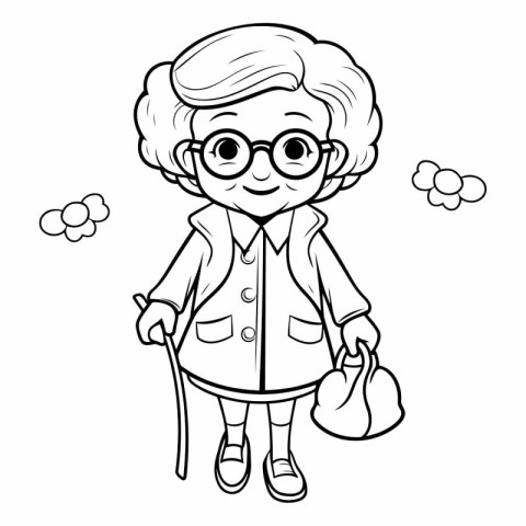 Outline illustration of a cute little girl wearing glasses and c