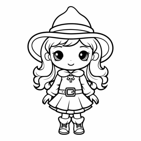 Coloring Page Outline of a Cute Little Girl in a Hat