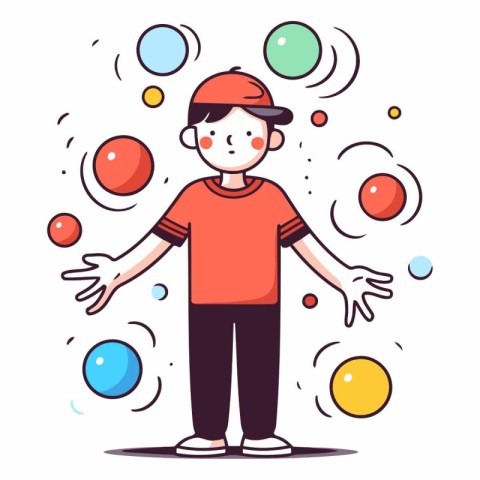 Illustration of a boy juggling balls in cartoon style.