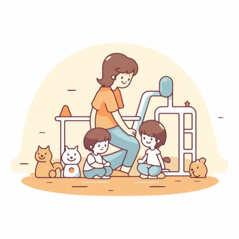 Mother playing with her kids in the dog park.