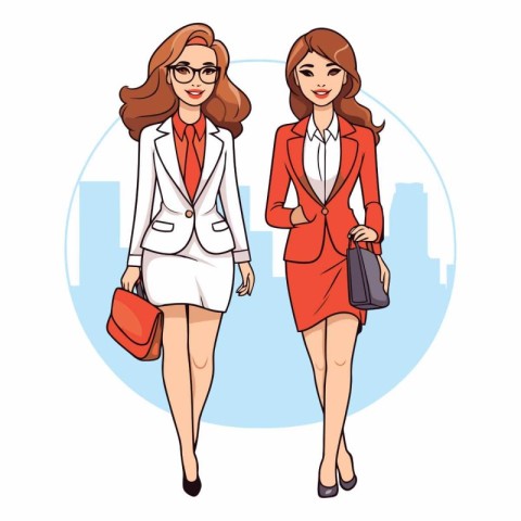 Beautiful business women with briefcase in cartoon style.