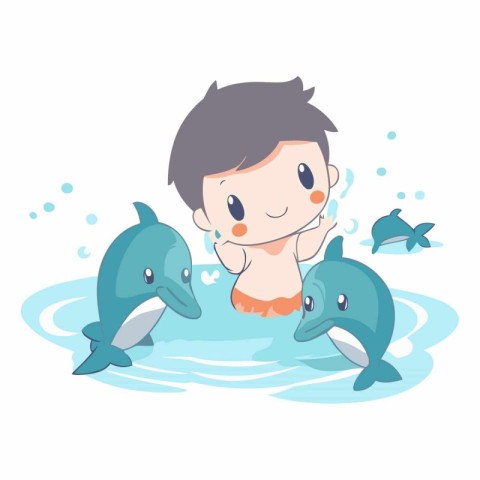 cute boy swimming with dolphins in the water.