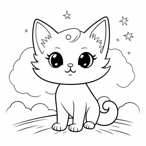 Cute cartoon cat in the clouds. Coloring book for children.