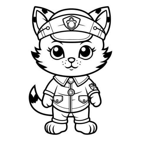 Black and White Cartoon Illustration of Cute Cat Police Officer