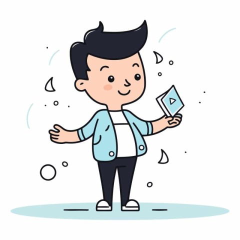 Cute boy holding card in flat cartoon style.