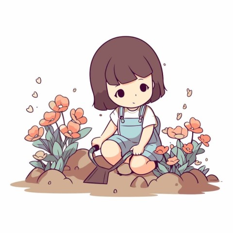 Cute little girl planting flowers in the garden.