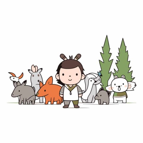 cute little boy with wild animals in the forest vector illustrat