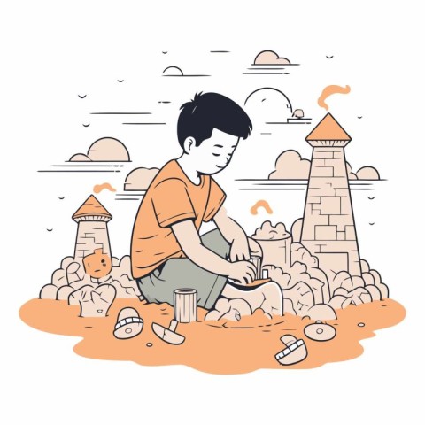 Boy playing sand castle in doodle style.