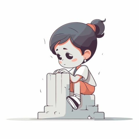 Cute little girl sitting on the big stone. cartoon vector illust