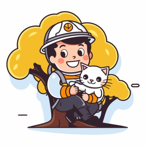 Vector illustration of a boy in a firefighter uniform holding a