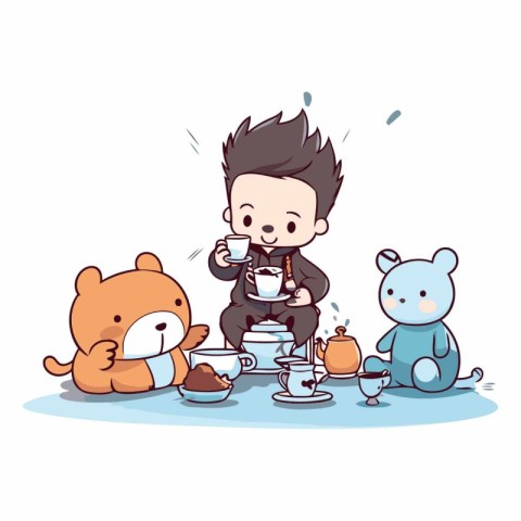 Cute cartoon boy drinking coffee and playing with teddy bears.